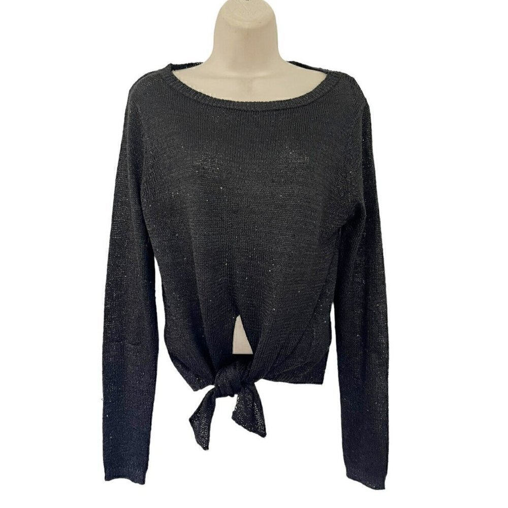 ZARA Knit Womens SZ L Black Sequined Tie Front Long Sleeve Sweater
